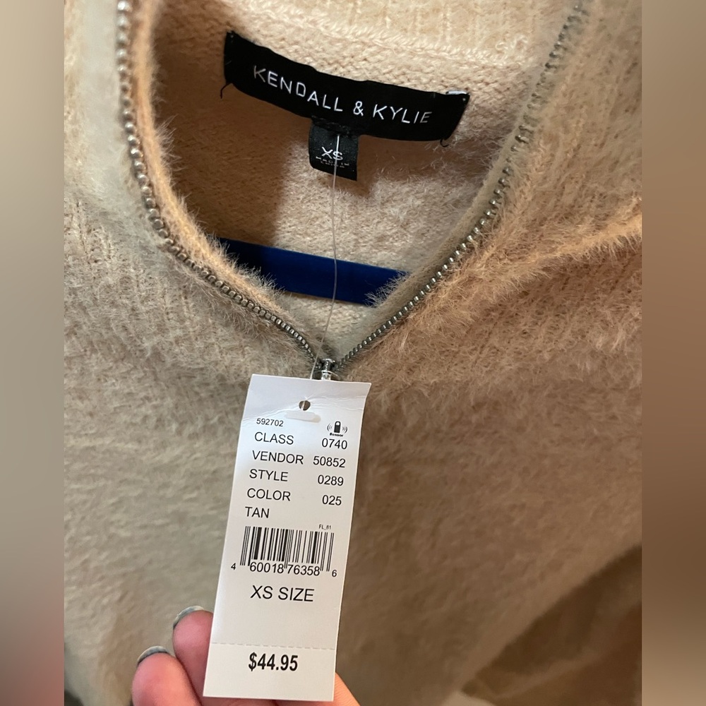 Kendall & Kylie tan fuzzy quarter zip sweater